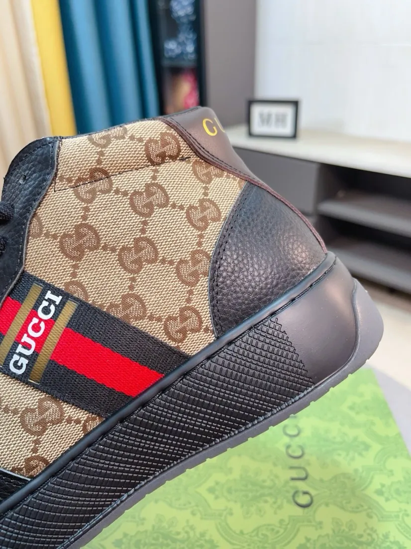 Men's shoes 💰438🌹🌹GUCCI [Gucci] New high-top men's shoes, a high-end brand, the latest fashionable casual men's shoes, trendy and versatile, relaxed and sporty style, uppers imported from Italy, first-layer cowhide, genuine leather lining, and ultra-fine workmanship. Original personalized fashionable rubber wear-resistant outsole, light and comfortable on the foot, size 38-44